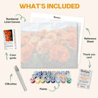 What's included in the Fields of Fire paint by numbers kit: numbered linen canvas, reference sheet, color guide, 24 acrylic paints, 3 brushes and thank you card