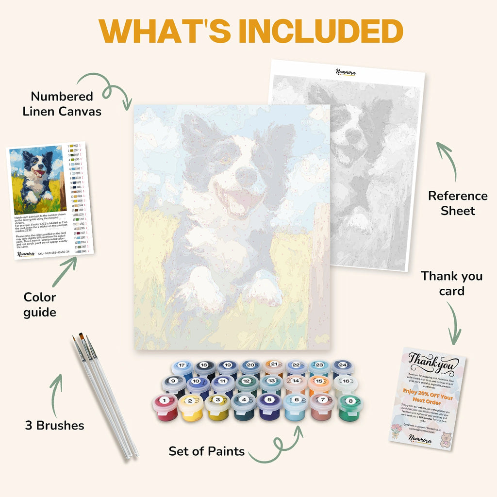 What's included in the Fields of Freedom paint by numbers kit: numbered linen canvas, reference sheet, color guide, 24 acrylic paints, 3 brushes and thank you card