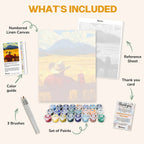 What's included in the Fields of Gold paint by numbers kit: numbered linen canvas, reference sheet, color guide, 24 acrylic paints, 3 brushes and thank you card