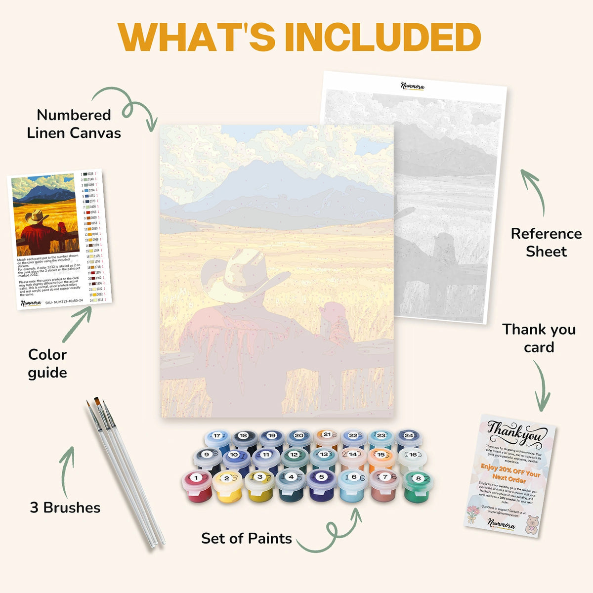 What's included in the Fields of Gold paint by numbers kit: numbered linen canvas, reference sheet, color guide, 24 acrylic paints, 3 brushes and thank you card