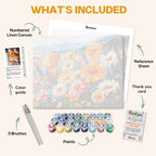 What's included in the Fields of Joy paint by numbers kit: numbered linen canvas, reference sheet, color guide, 24 acrylic paints, 3 brushes and thank you card