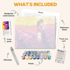What's included in the Fields of Love paint by numbers kit: numbered linen canvas, reference sheet, color guide, 24 acrylic paints, 3 brushes and thank you card