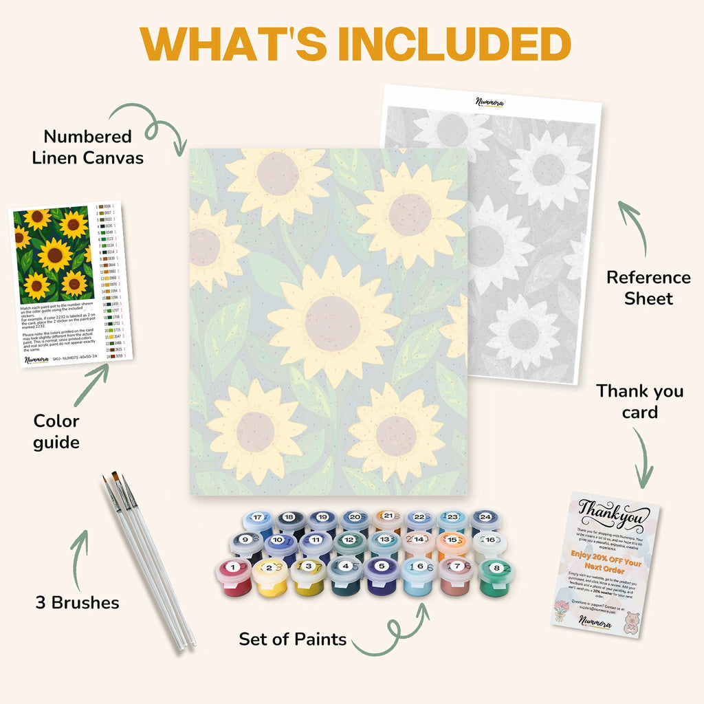 What's included in the Fields of Sunshine paint by numbers kit: numbered linen canvas, reference sheet, color guide, 24 acrylic paints, 3 brushes and thank you card
