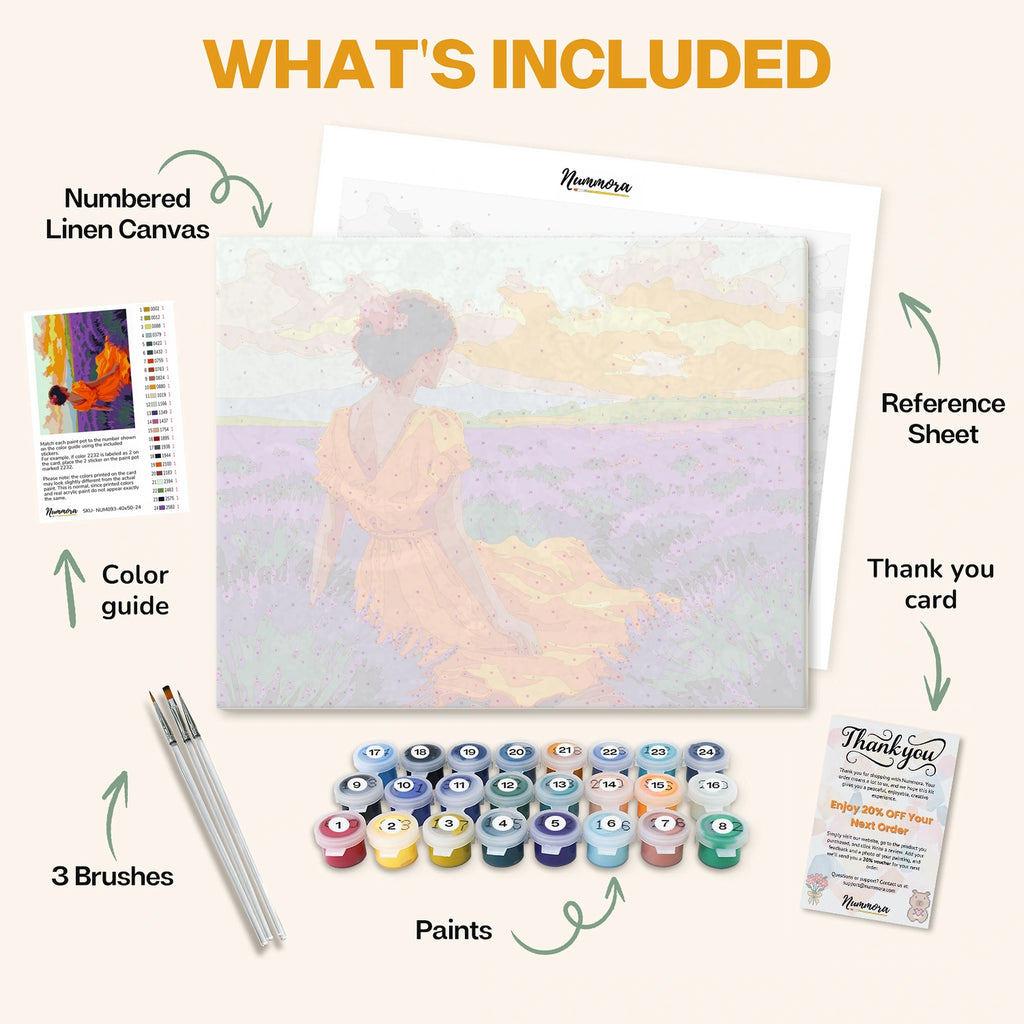What's included in the Fields of Tranquility paint by numbers kit: numbered linen canvas, reference sheet, color guide, 24 acrylic paints, 3 brushes and thank you card