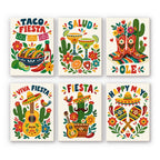 Fiesta Time mini paint by numbers set: six colorful folk-art fiesta posters with tacos, margaritas, boots, guitars, cacti and maracas