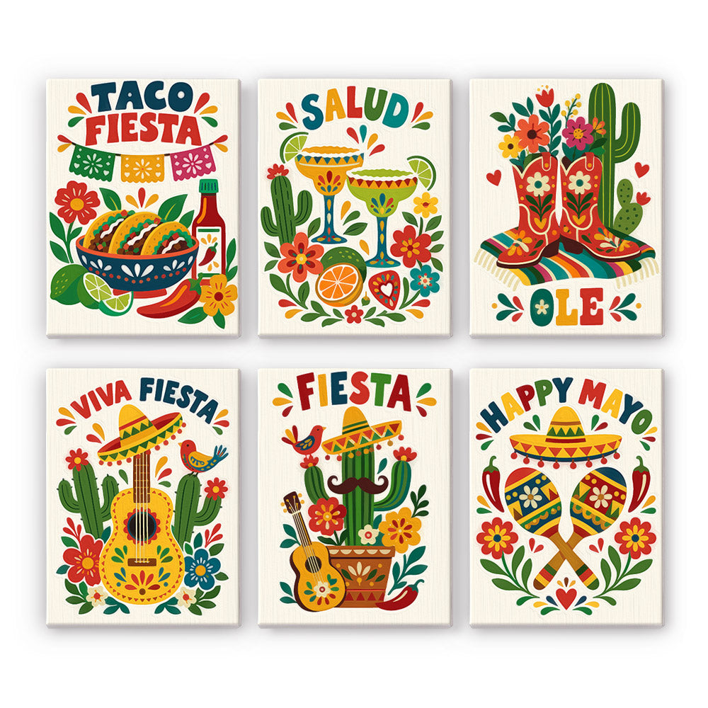 Fiesta Time mini paint by numbers set: six colorful folk-art fiesta posters with tacos, margaritas, boots, guitars, cacti and maracas