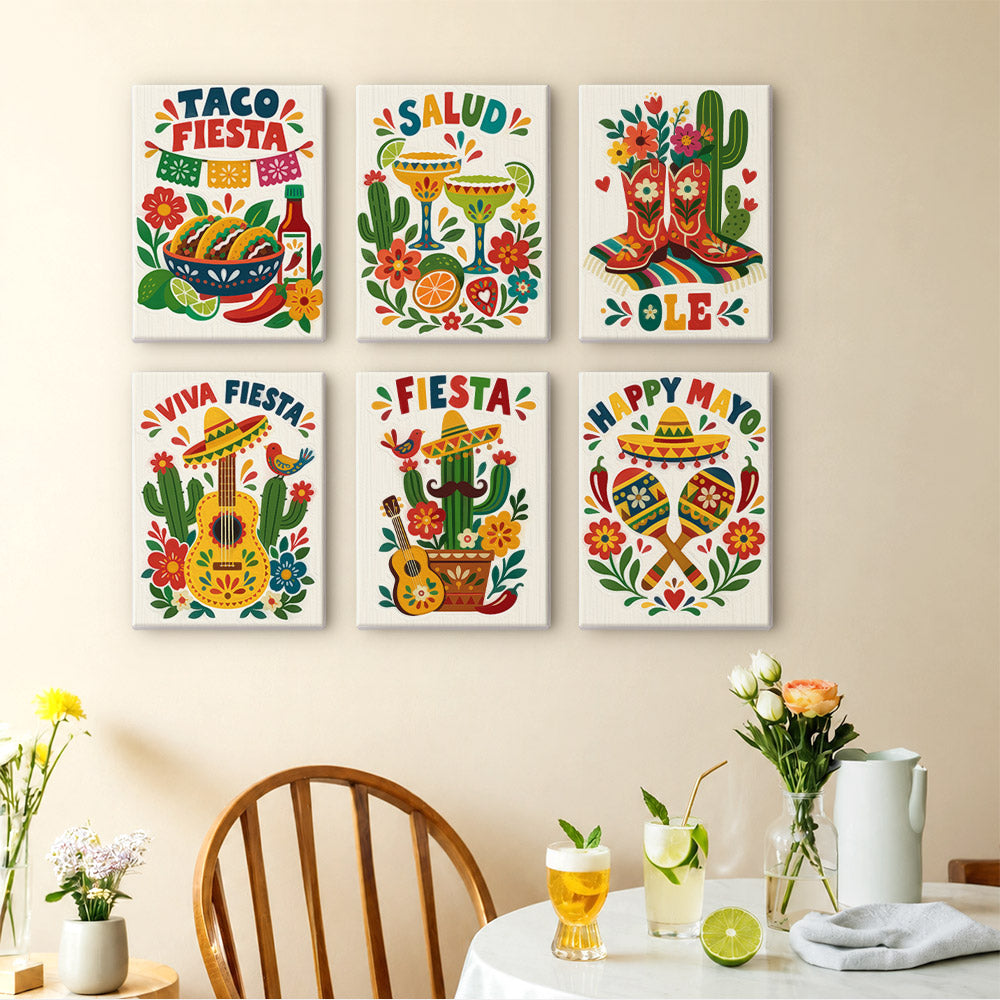 Fiesta Time mini paintings displayed as a gallery wall in a sunny kitchen