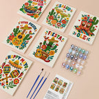 Fiesta Time mini paint by numbers kit with six numbered canvases, acrylic paints, brushes and layout