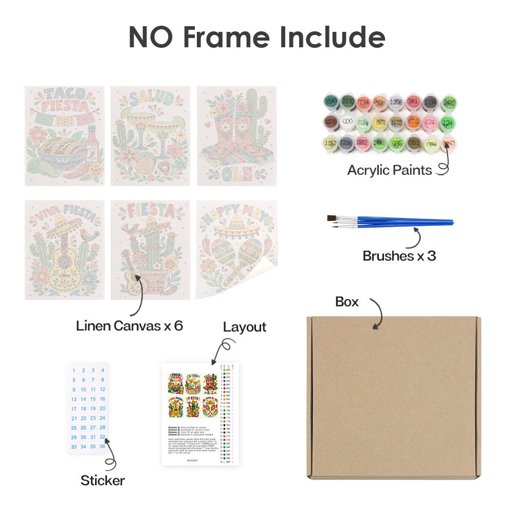 What's included without a frame: six rolled Fiesta Time mini canvases, acrylic paints, three brushes and layout