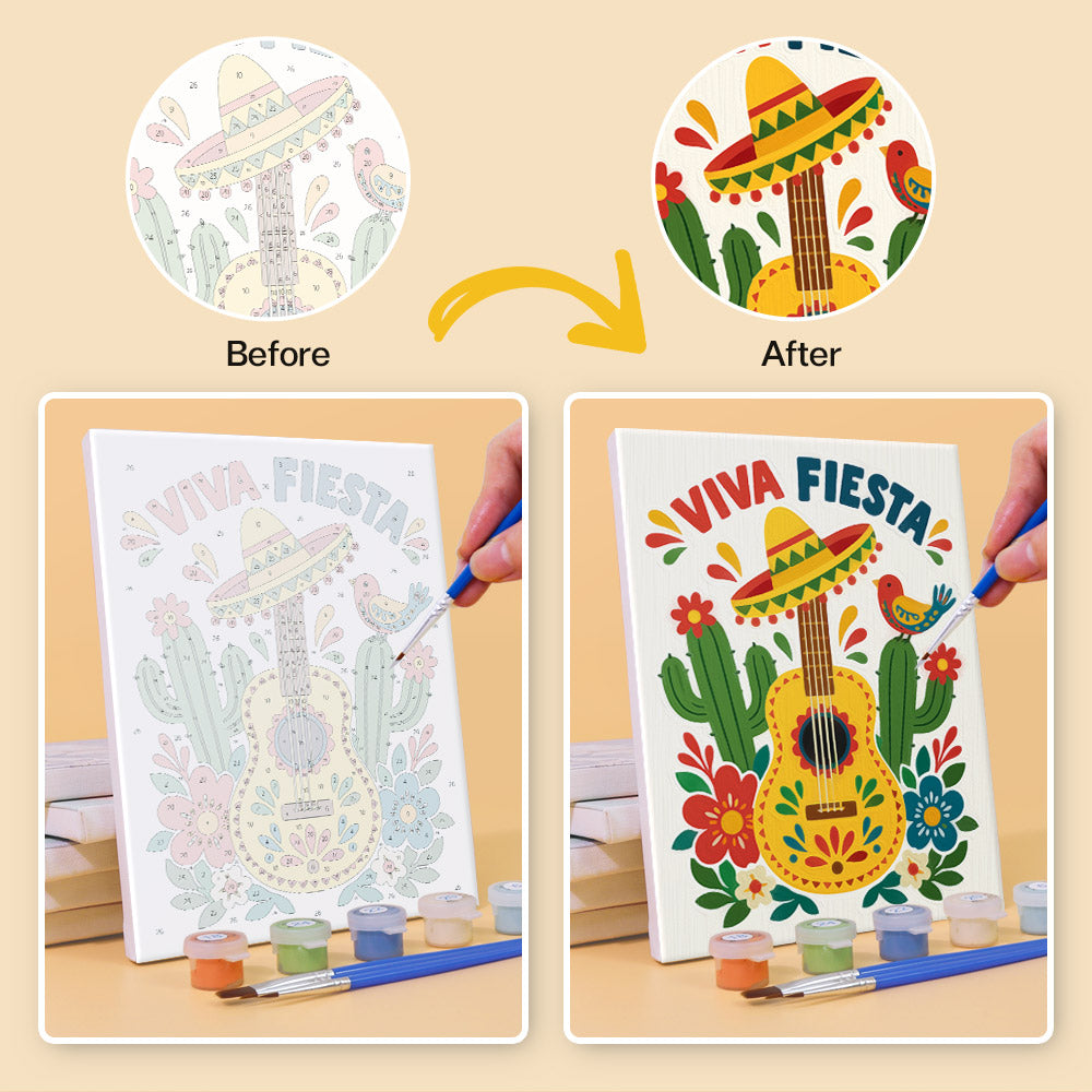 Before and after of a Fiesta Time mini paint by numbers canvas