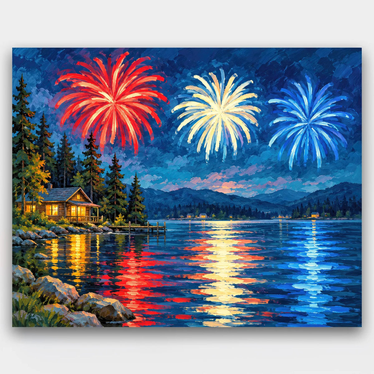 Fireworks over the Lake paint by numbers kit of red, white and blue fireworks over a calm lake with a lit cabin and pines