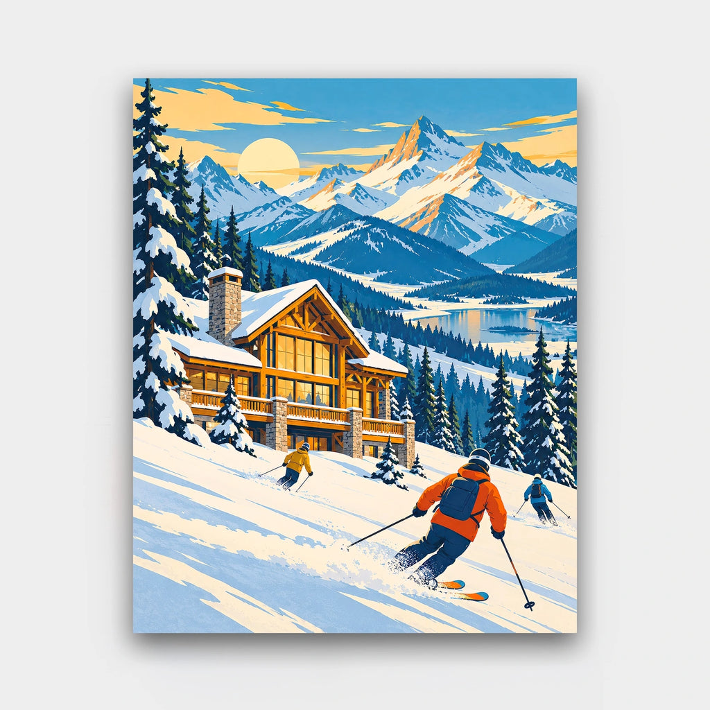 First Run at the Lodge paint by numbers kit of skiers on a snowy slope below a wooden ski lodge and mountain peaks in vintage poster style