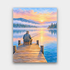 Fishing at Dawn paint by numbers kit of a man in a cap fishing from the end of a wooden dock on a misty lake at dawn