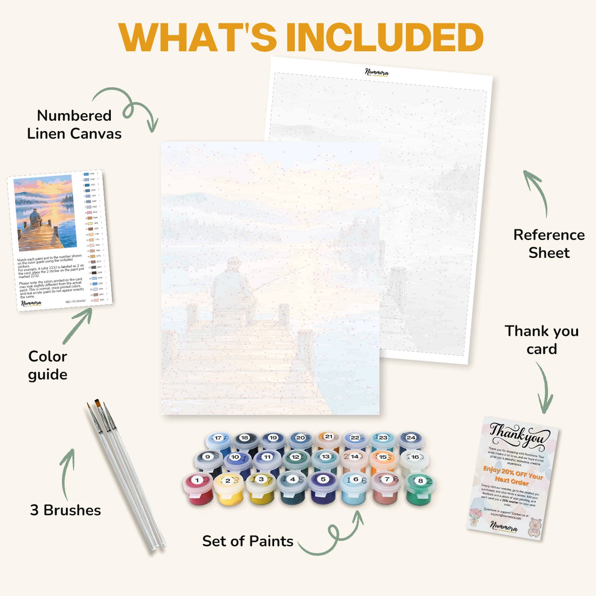 What's included in the Fishing at Dawn paint by numbers kit: numbered linen canvas, reference sheet, color guide, 24 acrylic paints, 3 brushes and thank you card