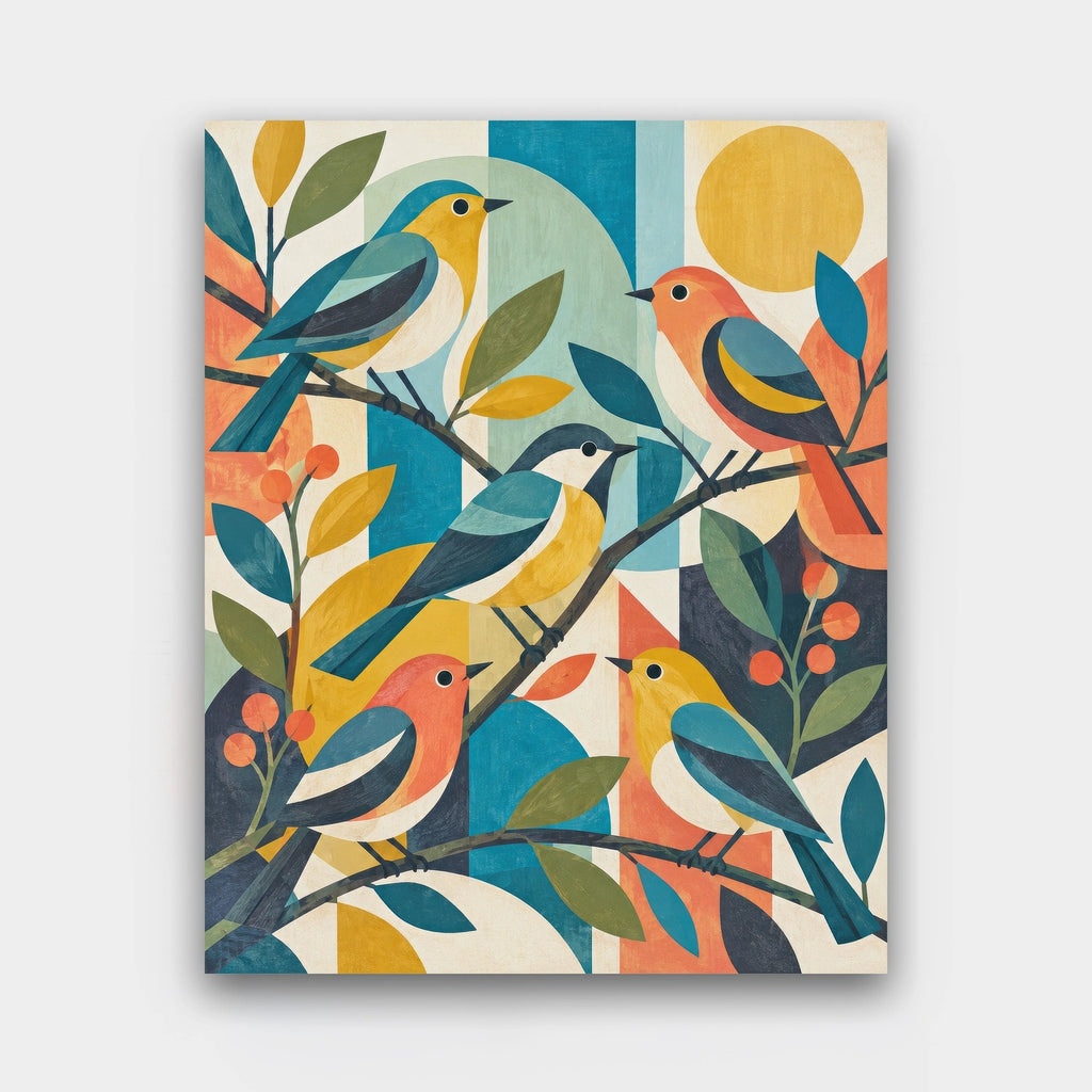 Five Little Songbirds paint by numbers kit of stylized birds on branches in mustard, teal, coral and charcoal