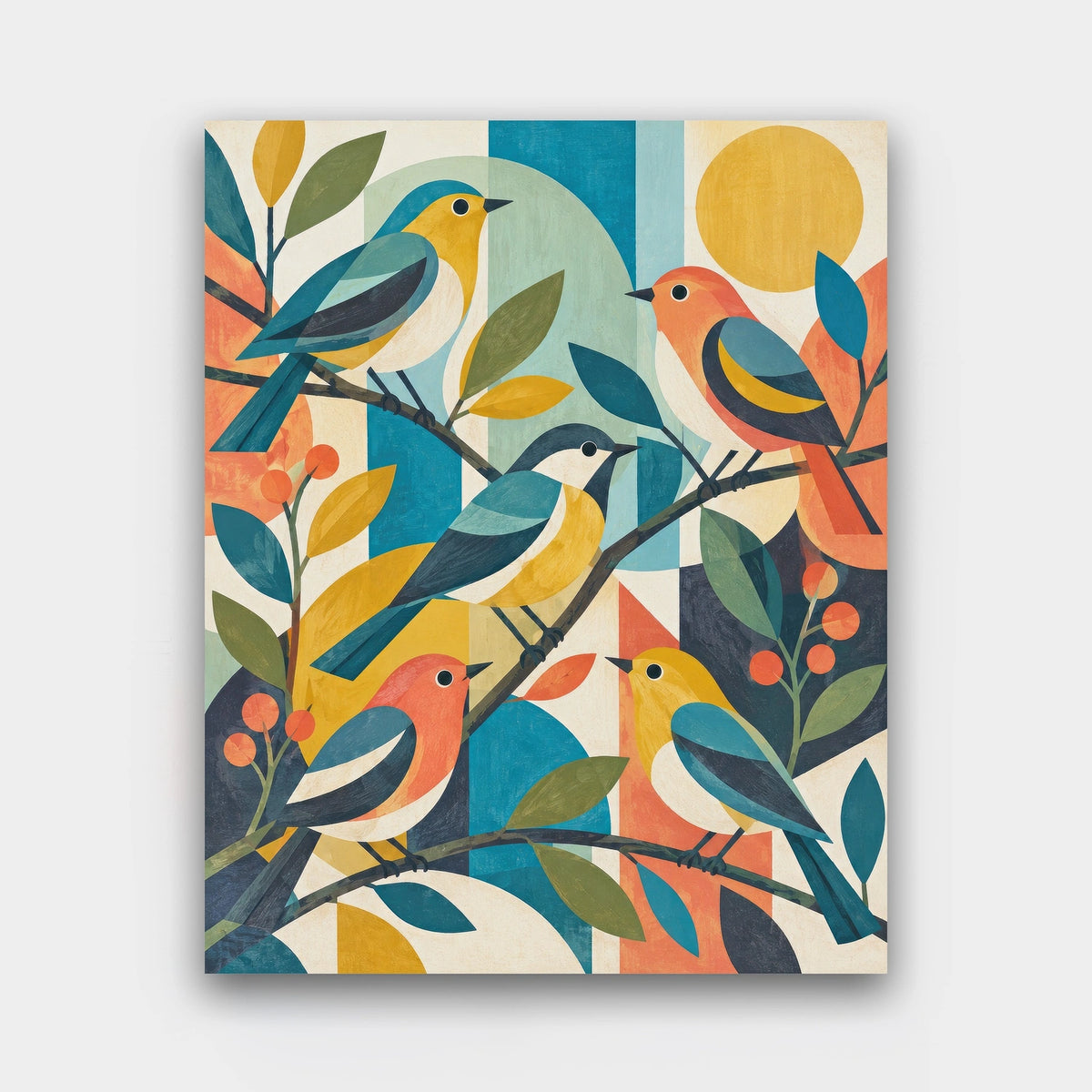 Five Little Songbirds paint by numbers kit of stylized birds on branches in mustard, teal, coral and charcoal