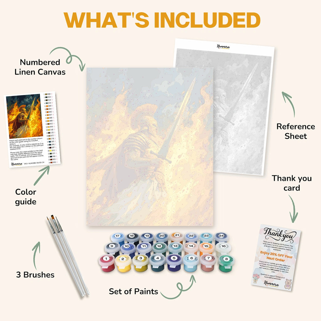 What's included in the Flaming Warrior paint by numbers kit: numbered linen canvas, reference sheet, color guide, 24 acrylic paints, 3 brushes and thank you card