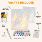 What's included in the Flaming Warrior paint by numbers kit: numbered linen canvas, reference sheet, color guide, 24 acrylic paints, 3 brushes and thank you card