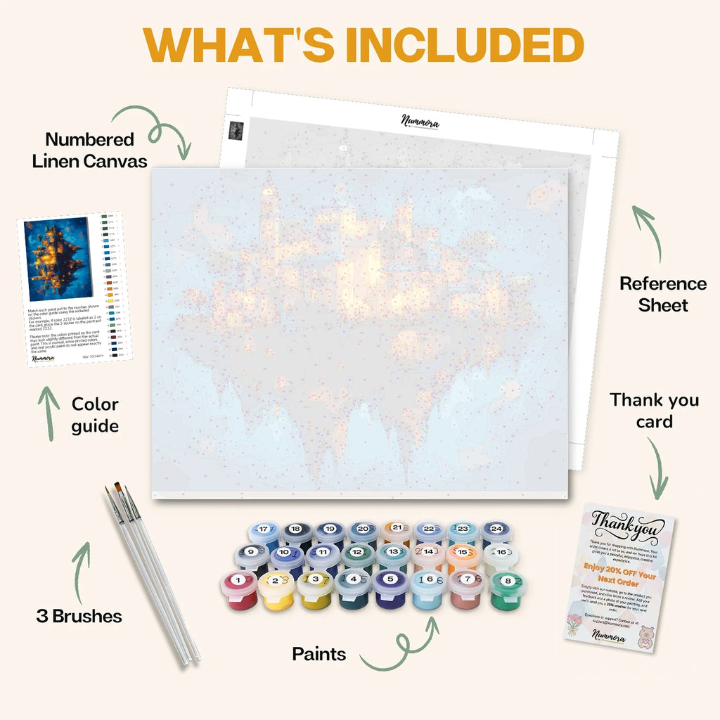 What's included in the Floating Kingdom paint by numbers kit: numbered linen canvas, reference sheet, color guide, 24 acrylic paints, 3 brushes and thank you card