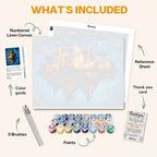 What's included in the Floating Kingdom paint by numbers kit: numbered linen canvas, reference sheet, color guide, 24 acrylic paints, 3 brushes and thank you card