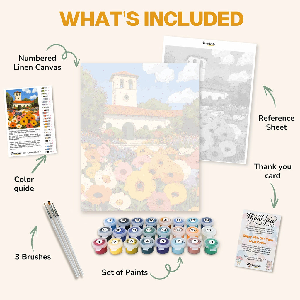 What's included in the Floral Villa paint by numbers kit: numbered linen canvas, reference sheet, color guide, 24 acrylic paints, 3 brushes and thank you card