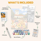 What's included in the Floral Villa paint by numbers kit: numbered linen canvas, reference sheet, color guide, 24 acrylic paints, 3 brushes and thank you card