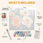 What's included in the Flourish in Pink paint by numbers kit: numbered linen canvas, reference sheet, color guide, 24 acrylic paints, 3 brushes and thank you card