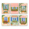 Flower Box Windows mini paint by numbers set: six European windows with shutters, striped awnings and overflowing flower boxes