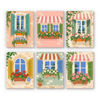 Flower Box Windows mini paint by numbers set: six European windows with shutters, striped awnings and overflowing flower boxes