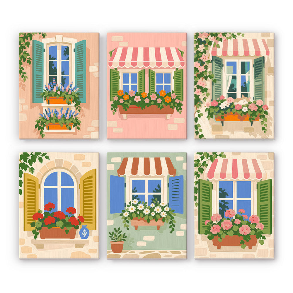 Flower Box Windows mini paint by numbers set: six European windows with shutters, striped awnings and overflowing flower boxes