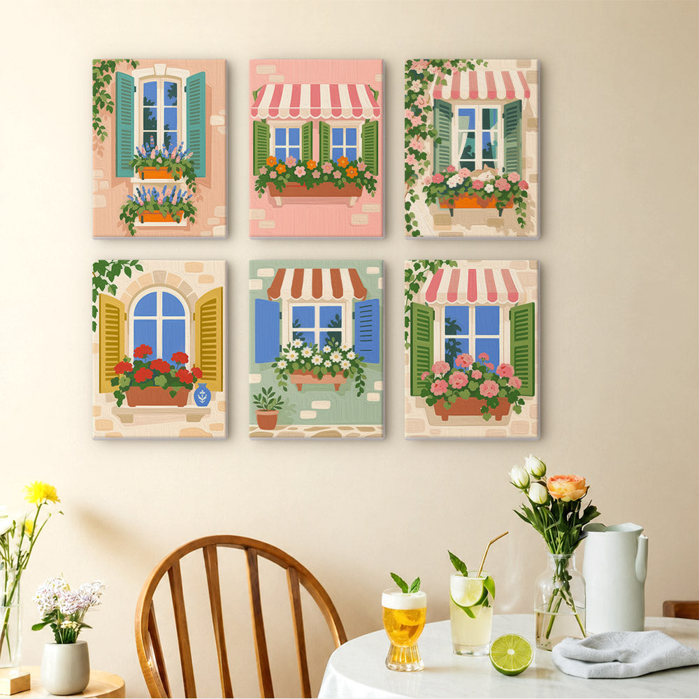 Flower Box Windows mini paintings displayed as a gallery wall in a sunny kitchen