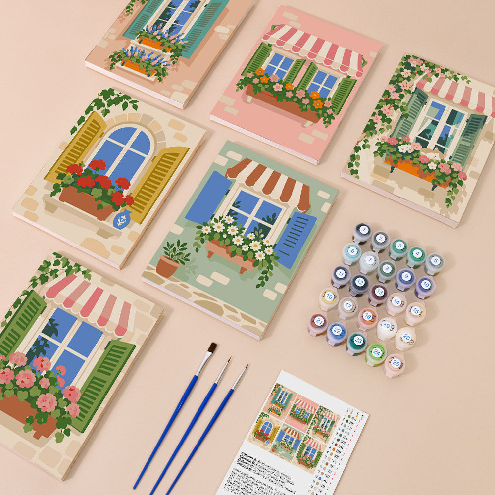 Flower Box Windows mini paint by numbers kit with six numbered canvases, acrylic paints, brushes and layout