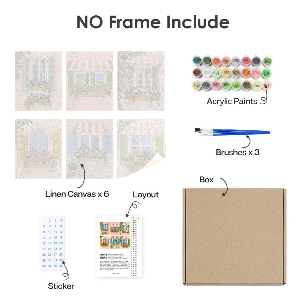 What's included without a frame: six rolled Flower Box Windows mini canvases, acrylic paints, three brushes and layout