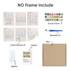 What's included without a frame: six rolled Flower Box Windows mini canvases, acrylic paints, three brushes and layout