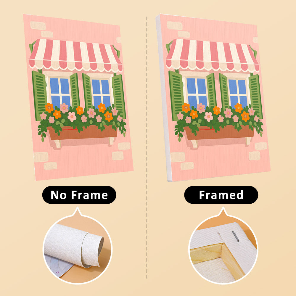 Flower Box Windows mini canvas shown rolled without a frame and pre-stretched on a frame