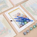 Numbered paint pots and brushes on a pre-stretched Flower Box Windows mini canvas