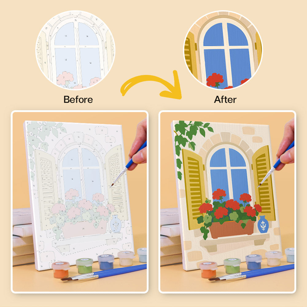 Before and after of a Flower Box Windows mini paint by numbers canvas