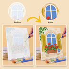 Before and after of a Flower Box Windows mini paint by numbers canvas