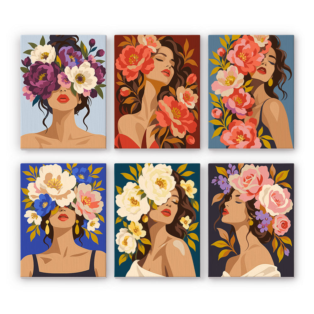 Flower Crowned Beauties mini paint by numbers set: six portraits of women crowned with peonies and roses on jewel-toned backgrounds