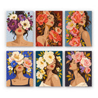 Flower Crowned Beauties mini paint by numbers set: six portraits of women crowned with peonies and roses on jewel-toned backgrounds