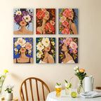 Flower Crowned Beauties mini paintings displayed as a gallery wall in a sunny kitchen