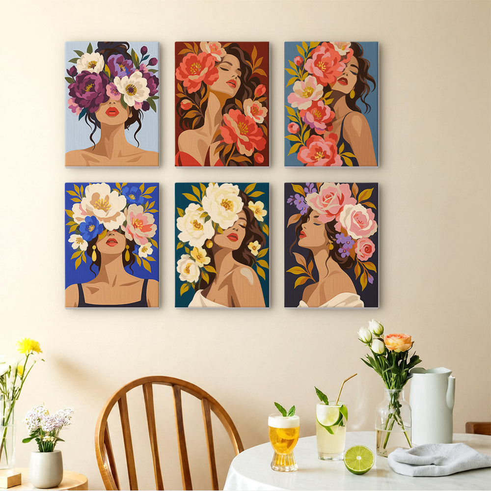 Flower Crowned Beauties mini paintings displayed as a gallery wall in a sunny kitchen