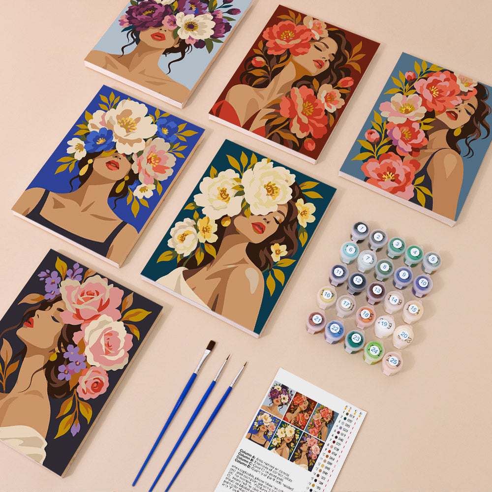 Flower Crowned Beauties mini paint by numbers kit with six numbered canvases, acrylic paints, brushes and layout