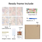 What's included pre-stretched on frame: six framed Flower Crowned Beauties mini canvases, paints, three brushes, hangers and layout