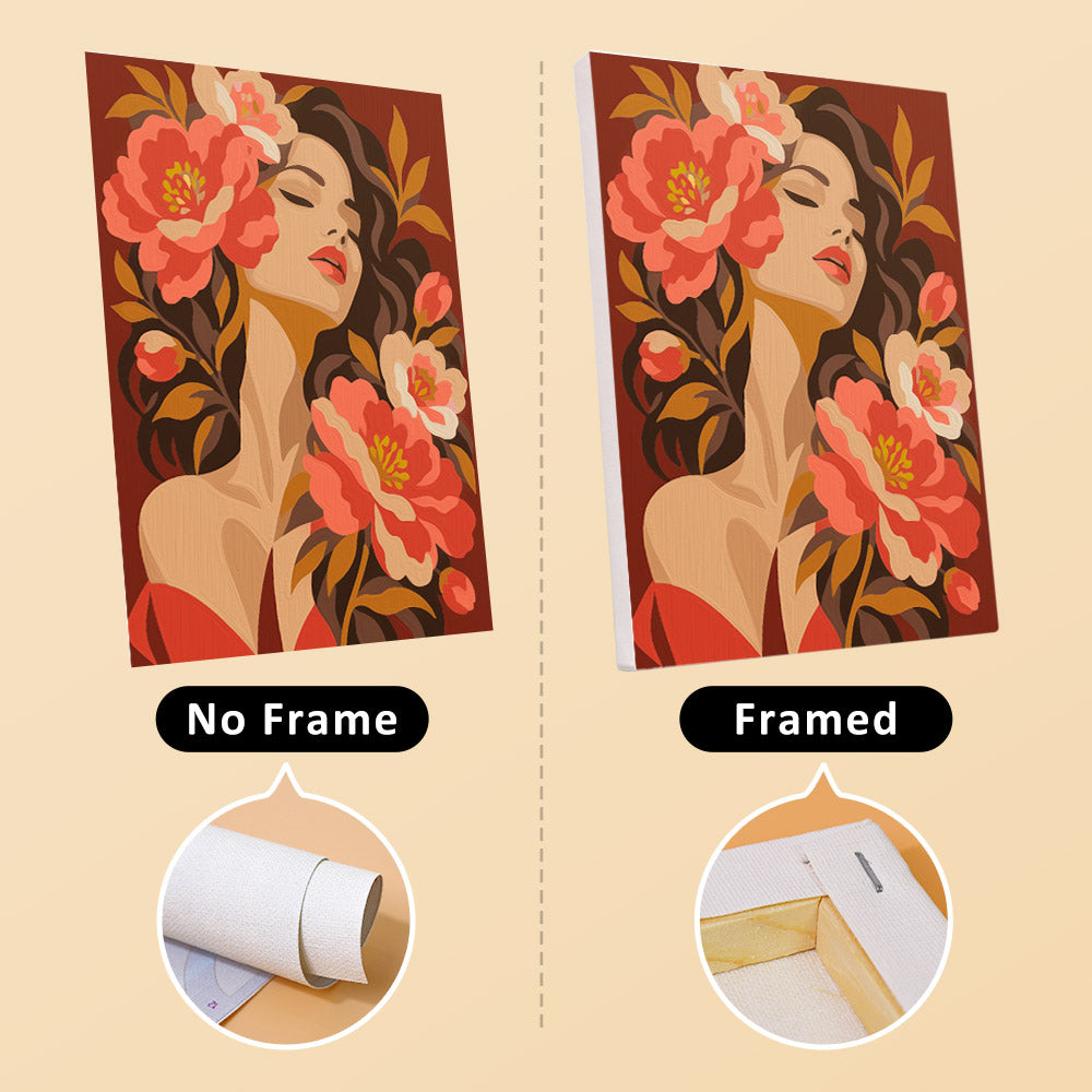 Flower Crowned Beauties mini canvas shown rolled without a frame and pre-stretched on a frame