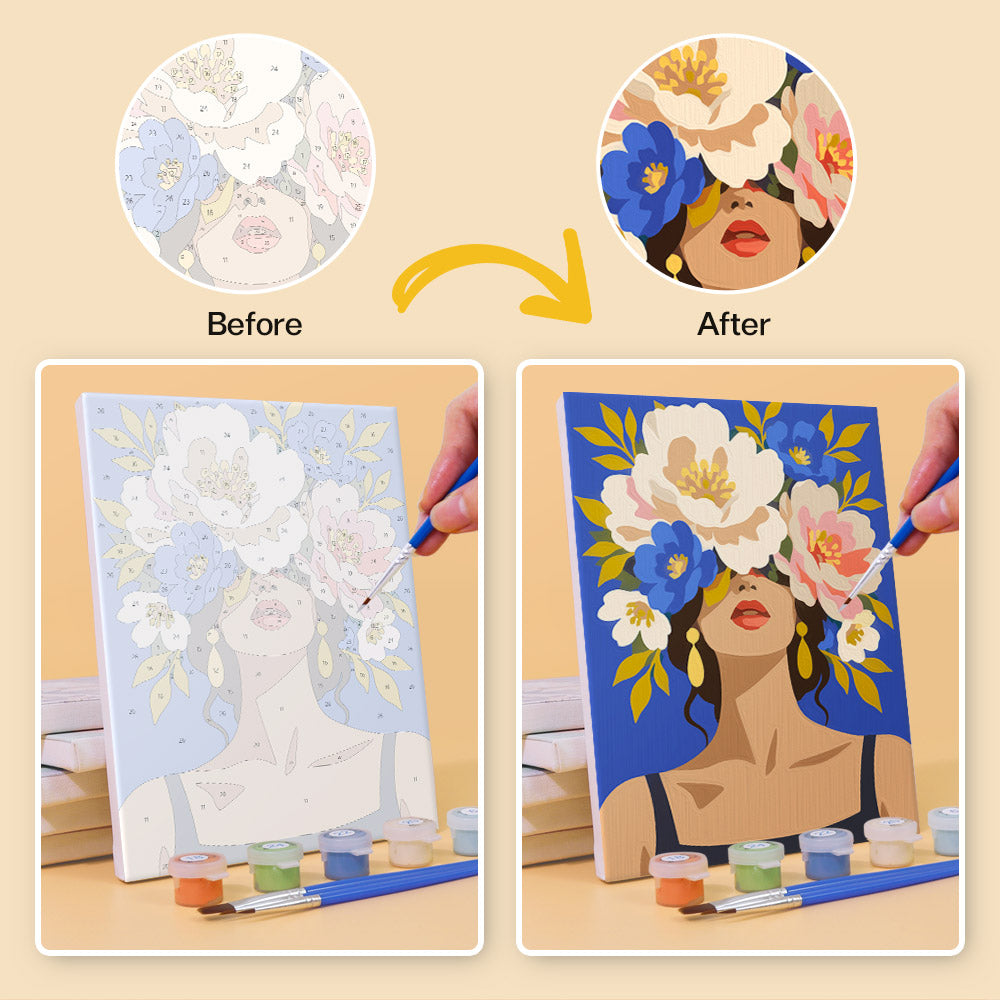 Before and after of a Flower Crowned Beauties mini paint by numbers canvas