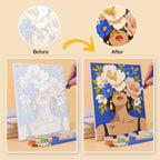 Before and after of a Flower Crowned Beauties mini paint by numbers canvas
