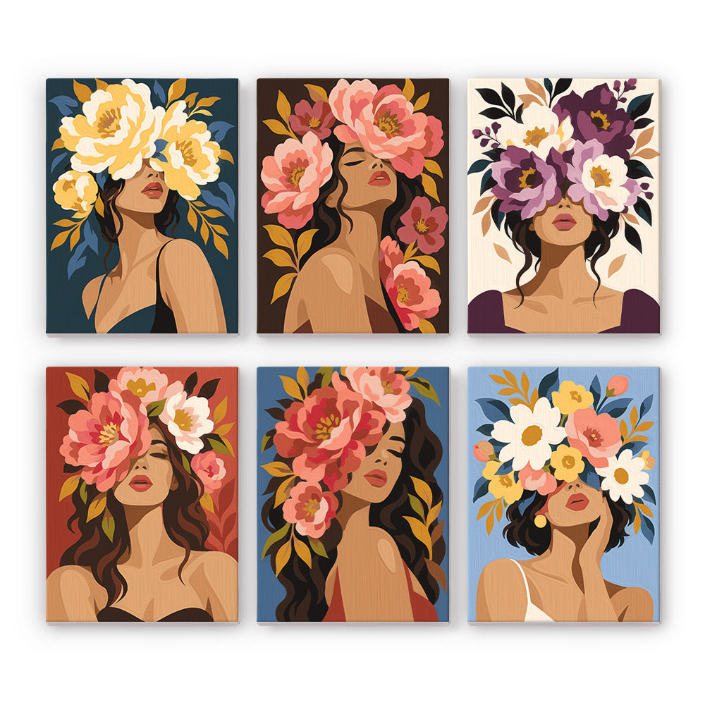 Flower Crowned mini paint by numbers set: six portraits of women crowned with peonies and roses