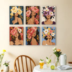 Flower Crowned mini paintings displayed as a gallery wall in a sunny kitchen