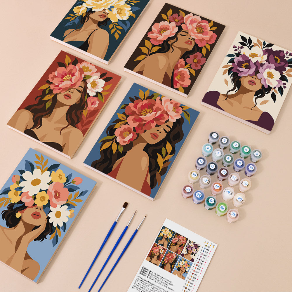Flower Crowned mini paint by numbers kit with six numbered canvases, acrylic paints, brushes and layout